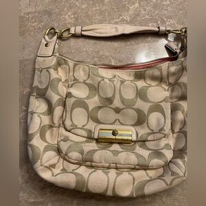 Coach Cream and Gold Shoulder Bag with Signature Monogram